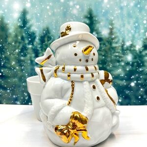 Vtg 2000 Bloom-Rite Snowman Figural Planter White Porcelain with Gold Accent